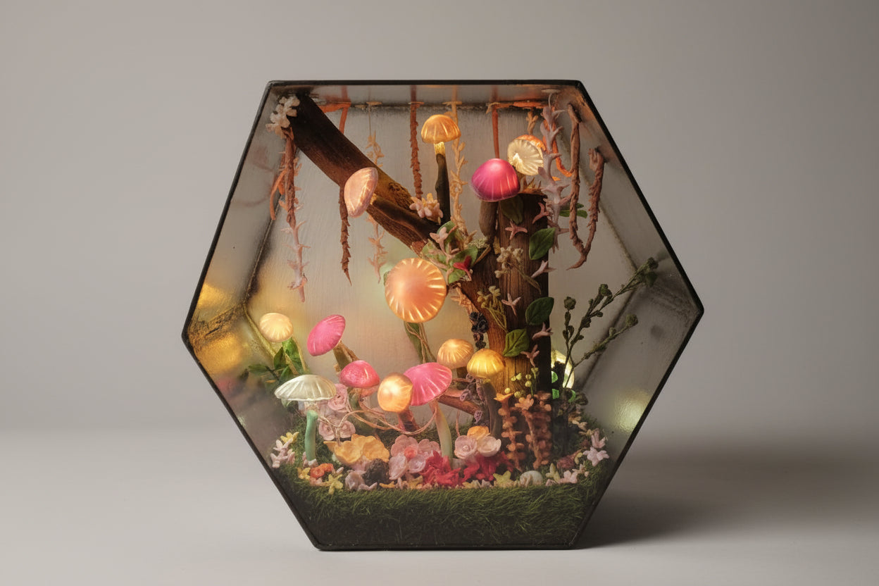 Hexagonal diorama with colorful jellyfish-like creatures on a dark background